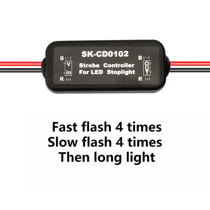 Brakelight strobe controller three versions, always flash, 5 flash, or fast then slow flash
